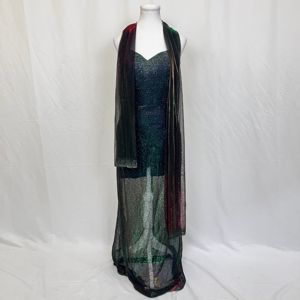 Cassandra Stone Iridescent Green Beaded Strapless Evening Gown, Size 6